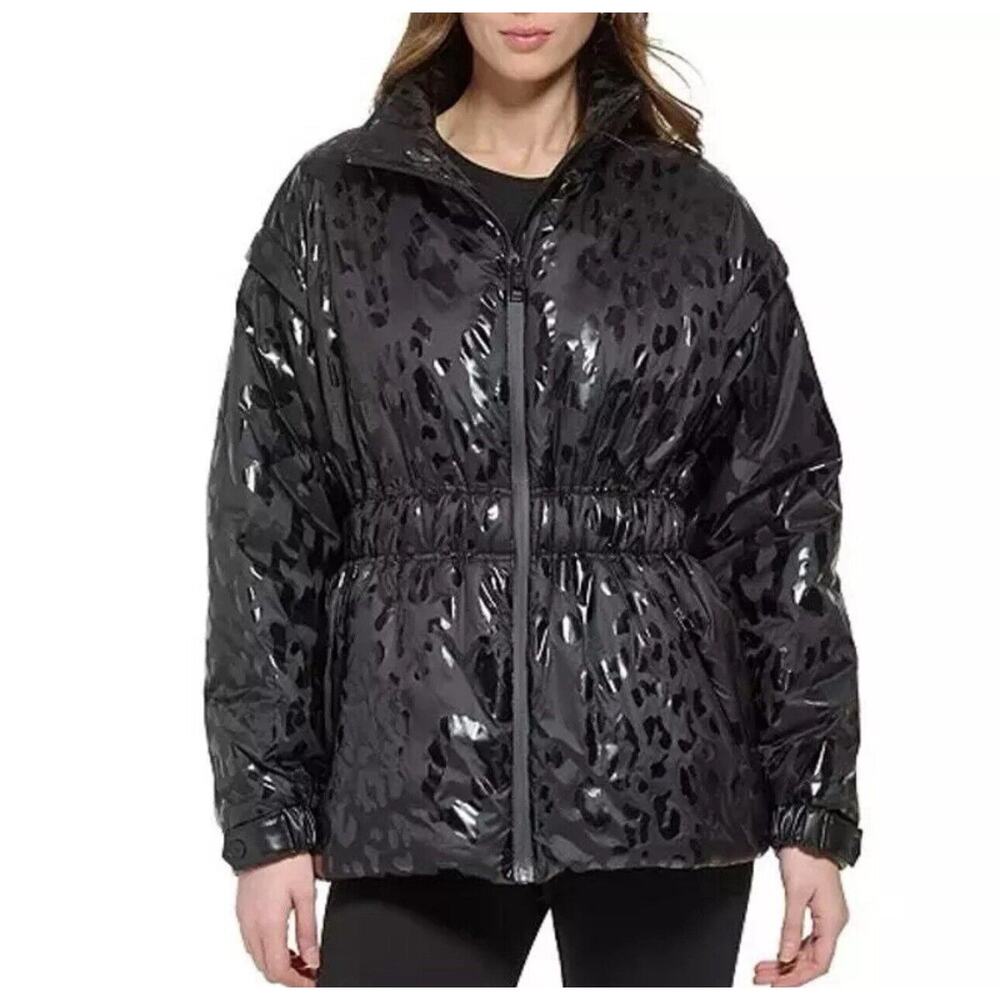 DKNY Glossy Leopard Print Puffer Jacket Women’s Medium Black Cinched Waist
